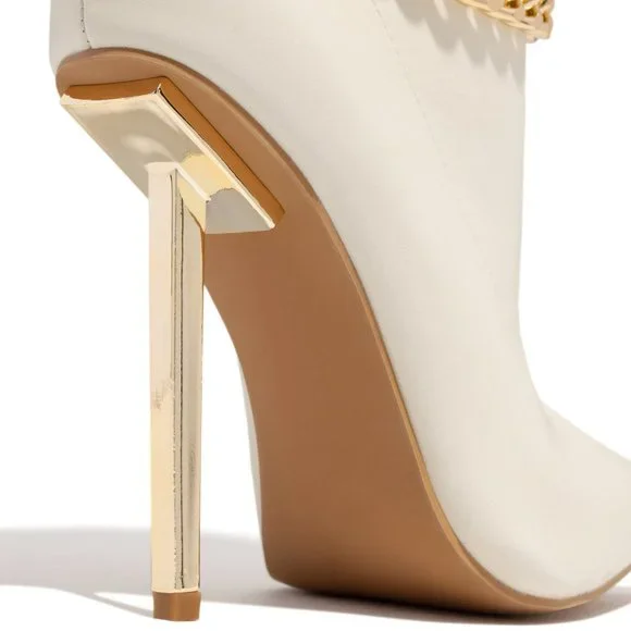 NEW🔥 Cream White Metallic Stiletto Heel Booties Ankle Boot Gold Chain Anklet - Picture 7 of 7